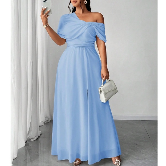 Plus One Shoulder Split thigh Party Evening Gown Dress - Picture 13 of 16